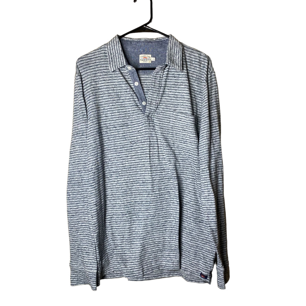 FAHERTY BRAND GREY STRIPED LONG SLEEVE POLO MENS sz L